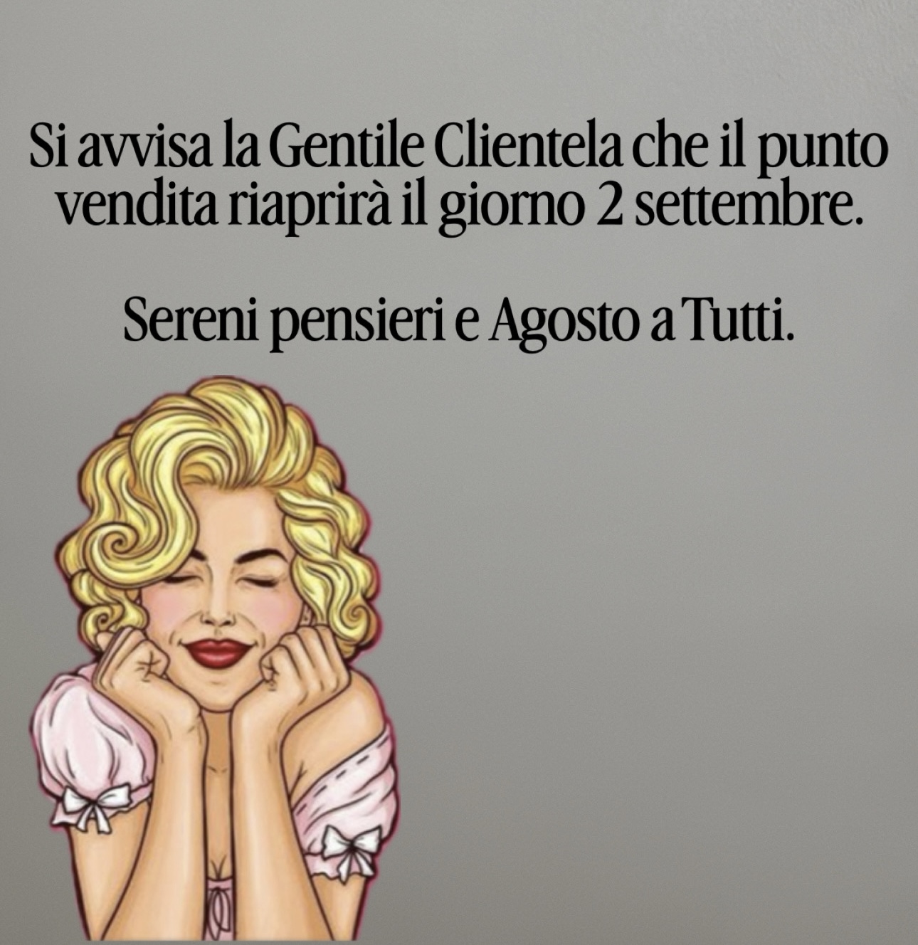 Testo italiano su sfondo grigio con illustrazione di donna bionda sorridente e capelli ricci.